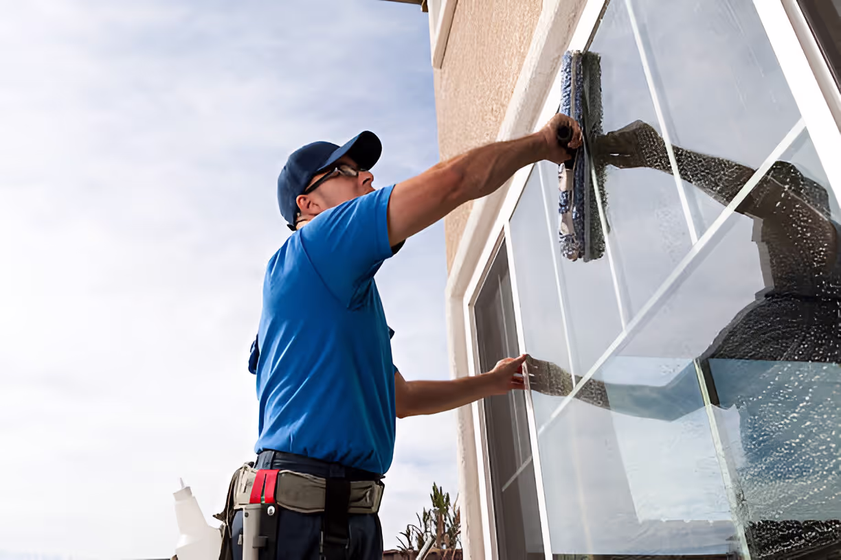 A professional cleaning a window